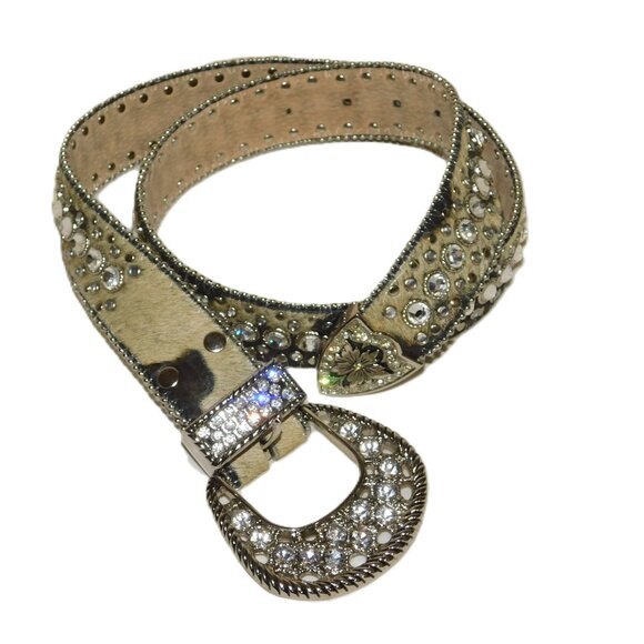 Calf Hair Genuine Leather Western Bling Belt Studs & Rhinestones Rodeo Cowgirl